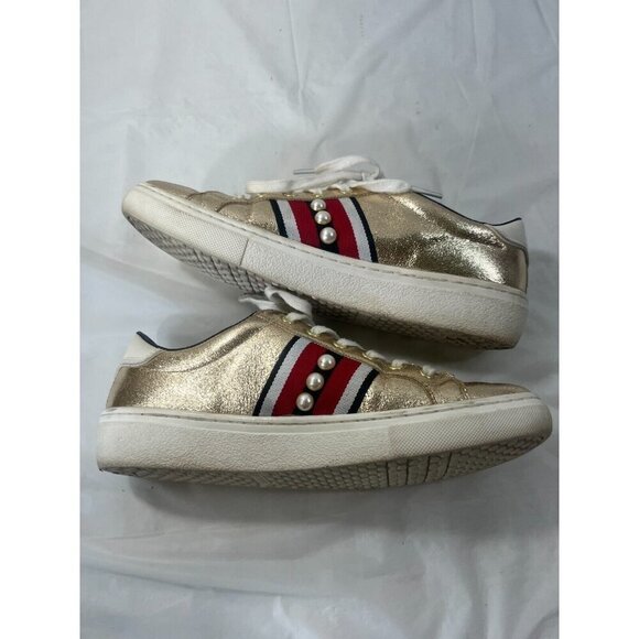 Sketchers Memory Foam Gold with Blk/Wht/Red Stripes with White Gems size 8 - Picture 10 of 12